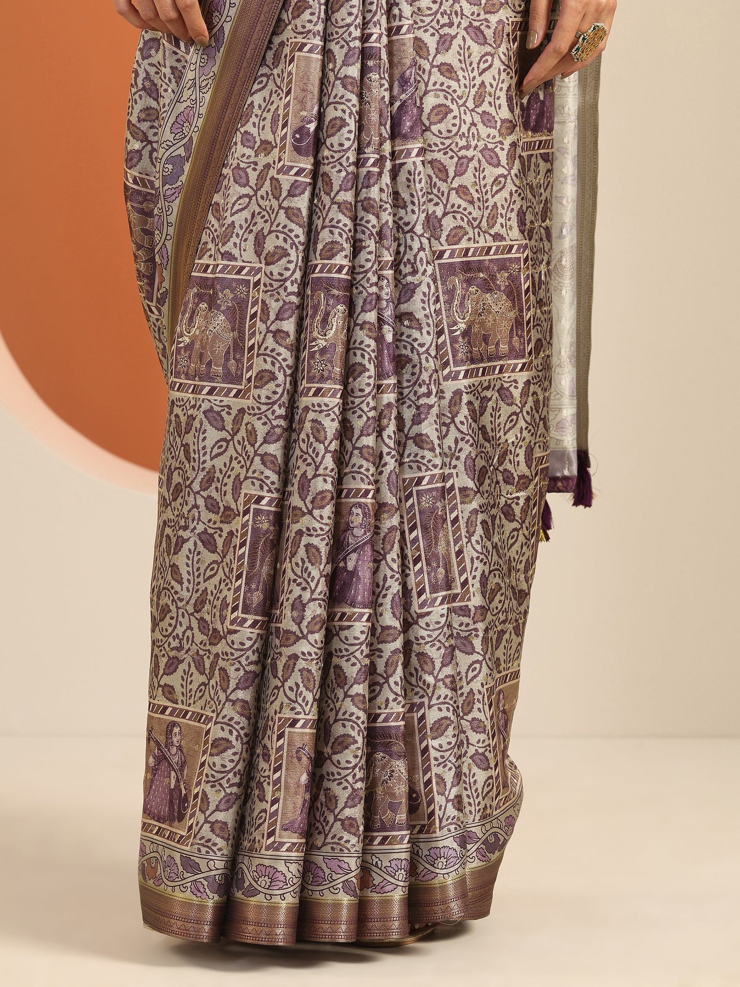 Mauve Printed Silk Blend Saree With Unstitched Blouse Piece
