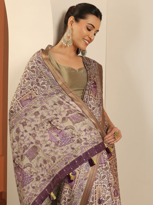 Mauve Printed Silk Blend Saree With Unstitched Blouse Piece