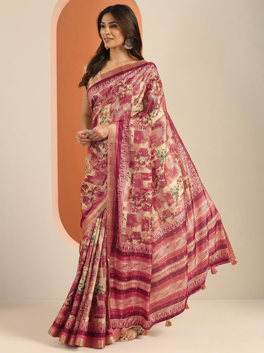 Peach Printed Silk Blend Saree With Unstitched Blouse Piece
