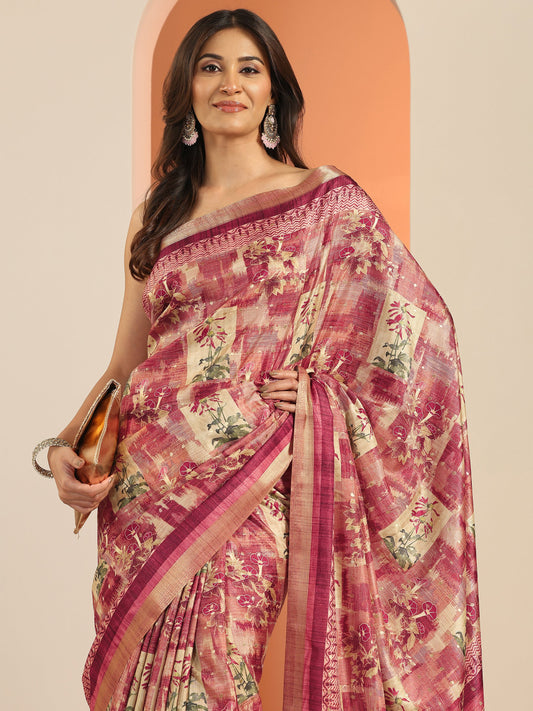Peach Printed Silk Blend Saree With Unstitched Blouse Piece