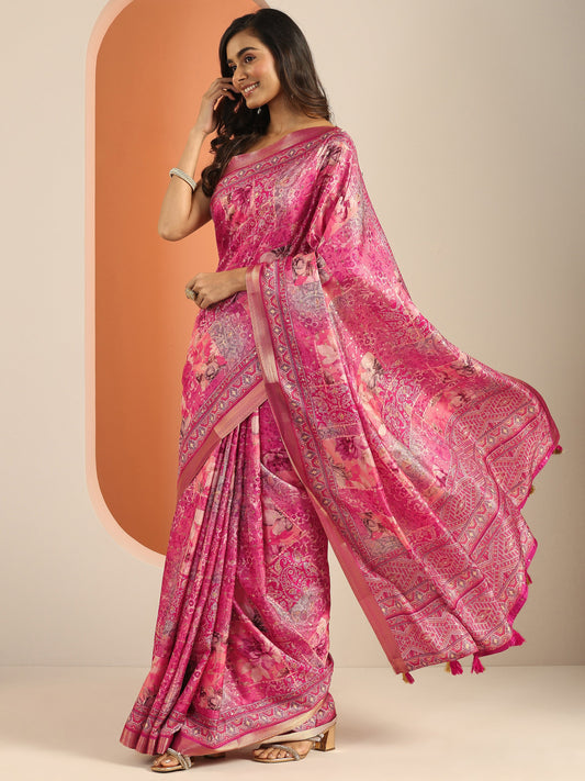 Pink Printed Silk Blend Saree With Unstitched Blouse Piece