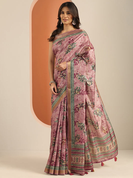 Purple Printed Silk Blend Saree With Unstitched Blouse Piece
