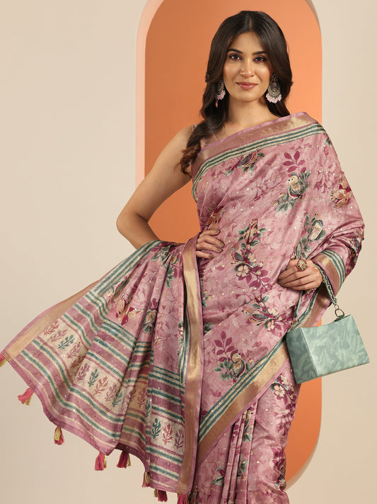 Purple Printed Silk Blend Saree With Unstitched Blouse Piece