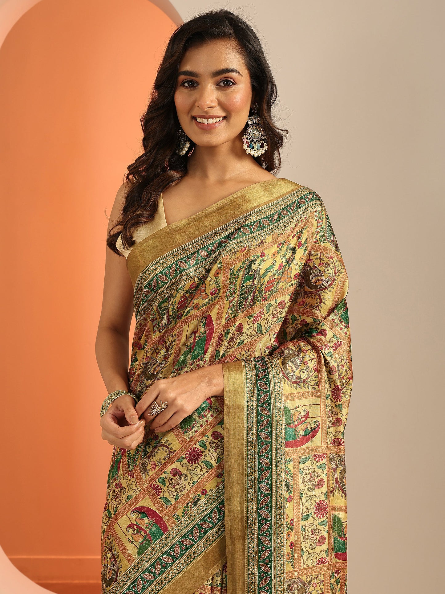 Mustard Kalamkari Printed Silk Blend Saree With Unstitched Blouse Piece