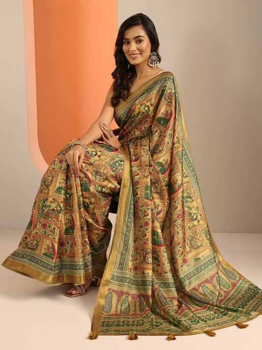 Mustard Kalamkari Printed Silk Blend Saree With Unstitched Blouse Piece