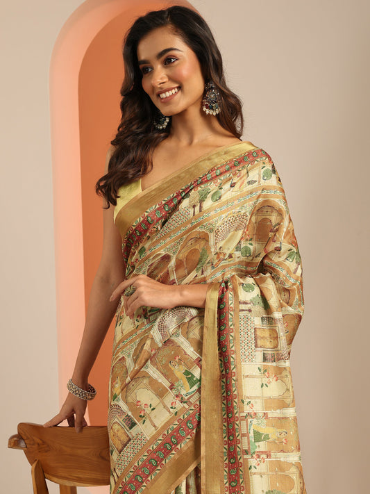 Mustard Printed Silk Blend Saree With Unstitched Blouse Piece