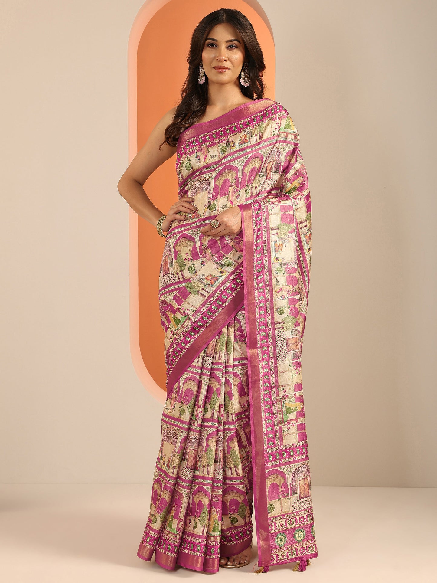 Pink Kalamkari Printed Silk Blend Saree With Unstitched Blouse Piece