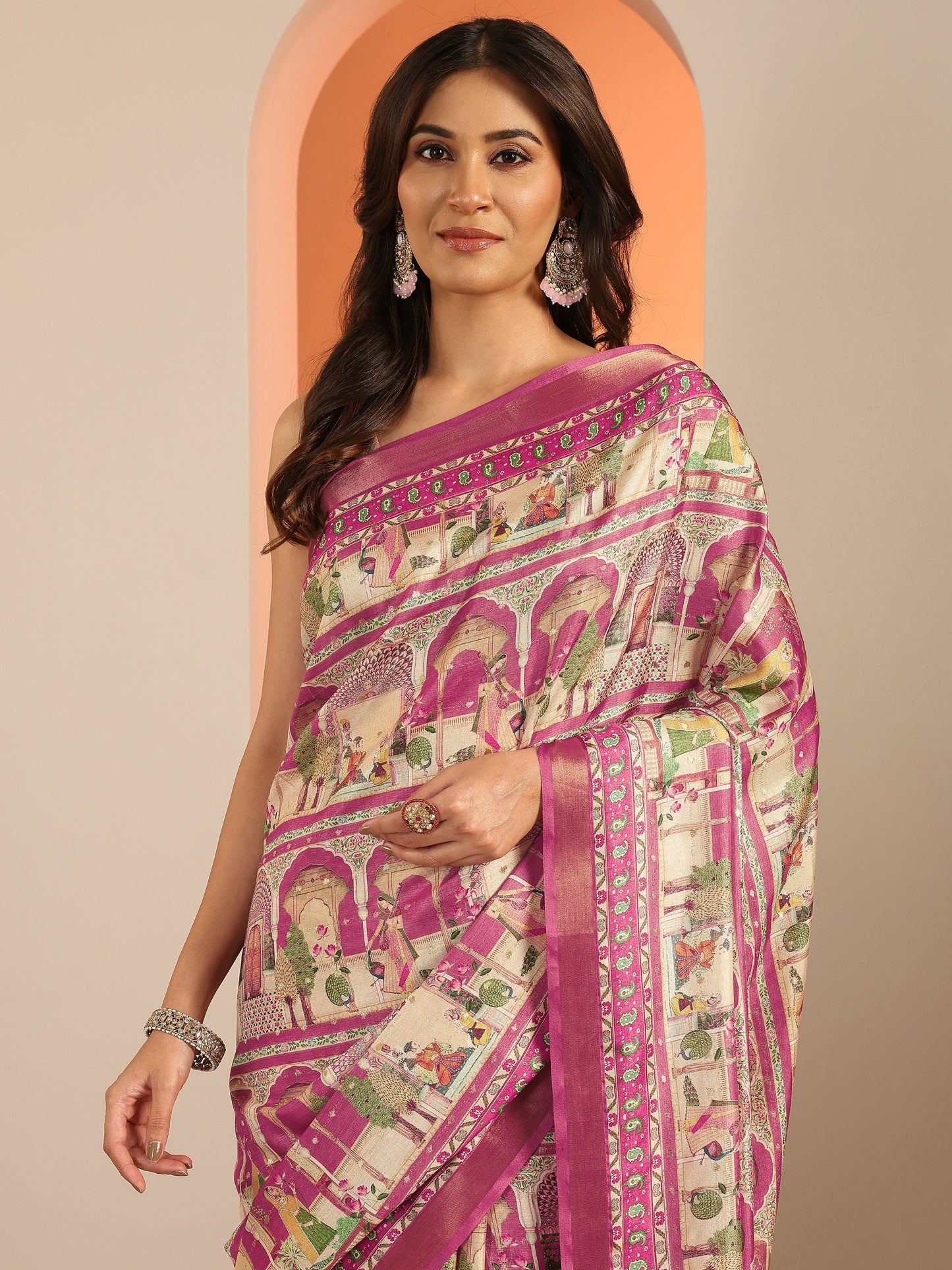 Pink Kalamkari Printed Silk Blend Saree With Unstitched Blouse Piece