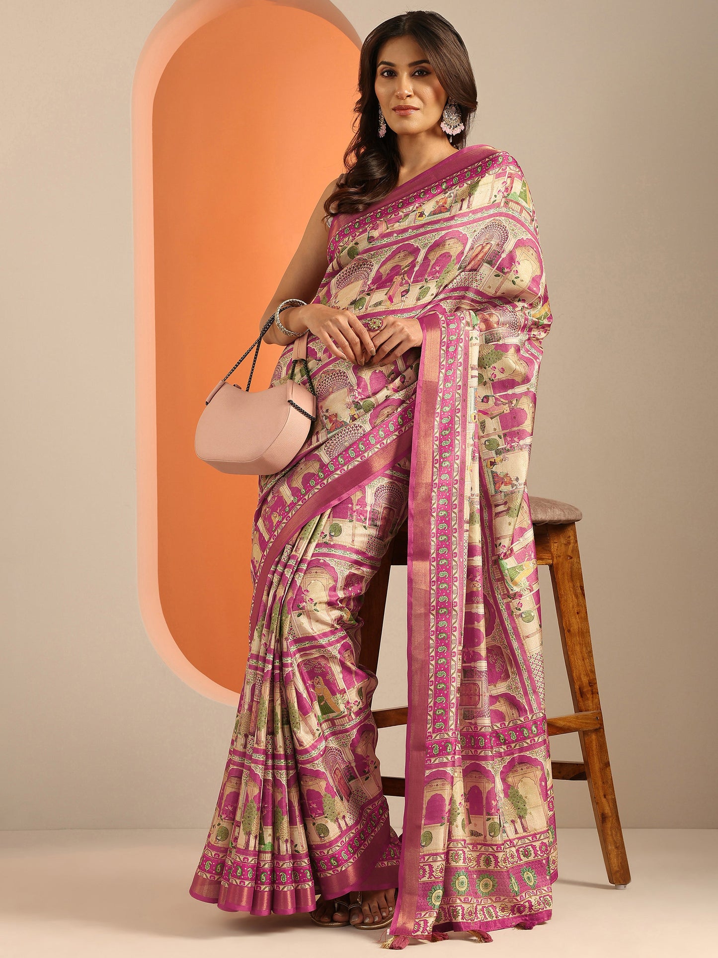 Pink Kalamkari Printed Silk Blend Saree With Unstitched Blouse Piece