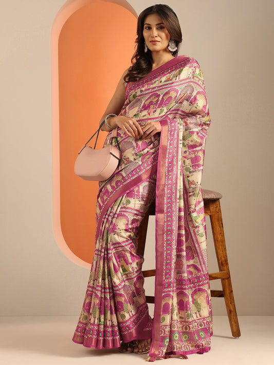 Pink Kalamkari Printed Silk Blend Saree With Unstitched Blouse Piece