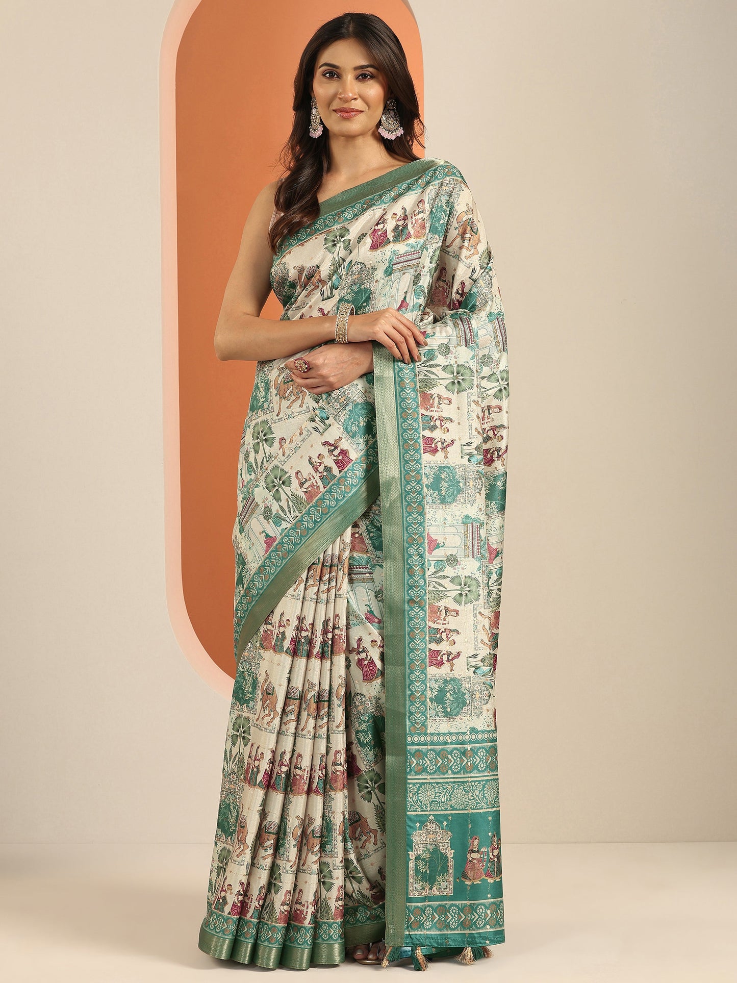 Blue Kalamkari Printed Silk Blend Saree With Unstitched Blouse Piece