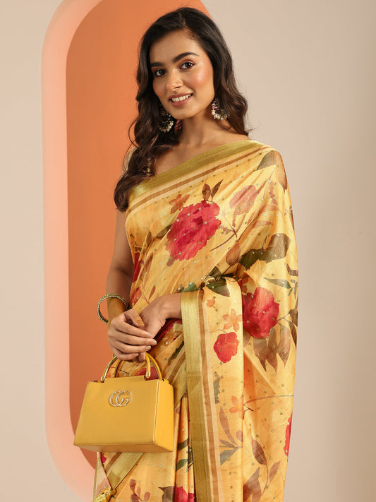 Mustard Printed Silk Blend Saree With Unstitched Blouse Piece