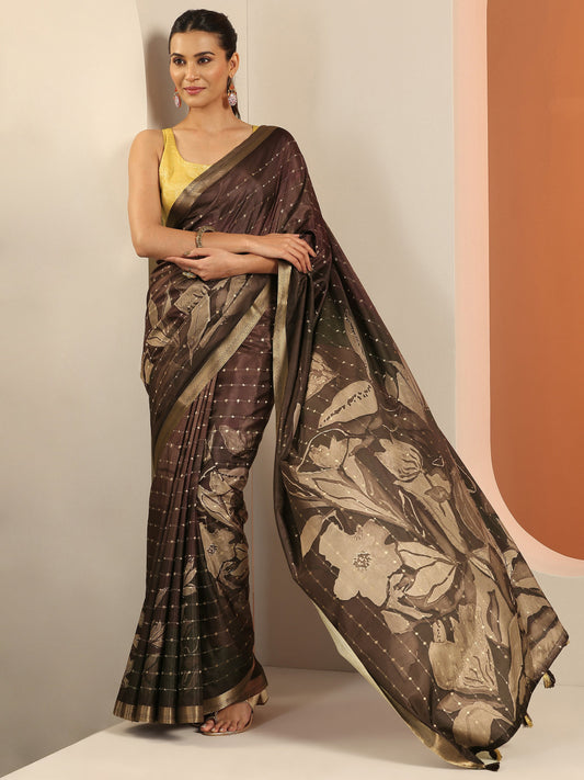 Brown Printed Silk Blend Saree With Unstitched Blouse Piece