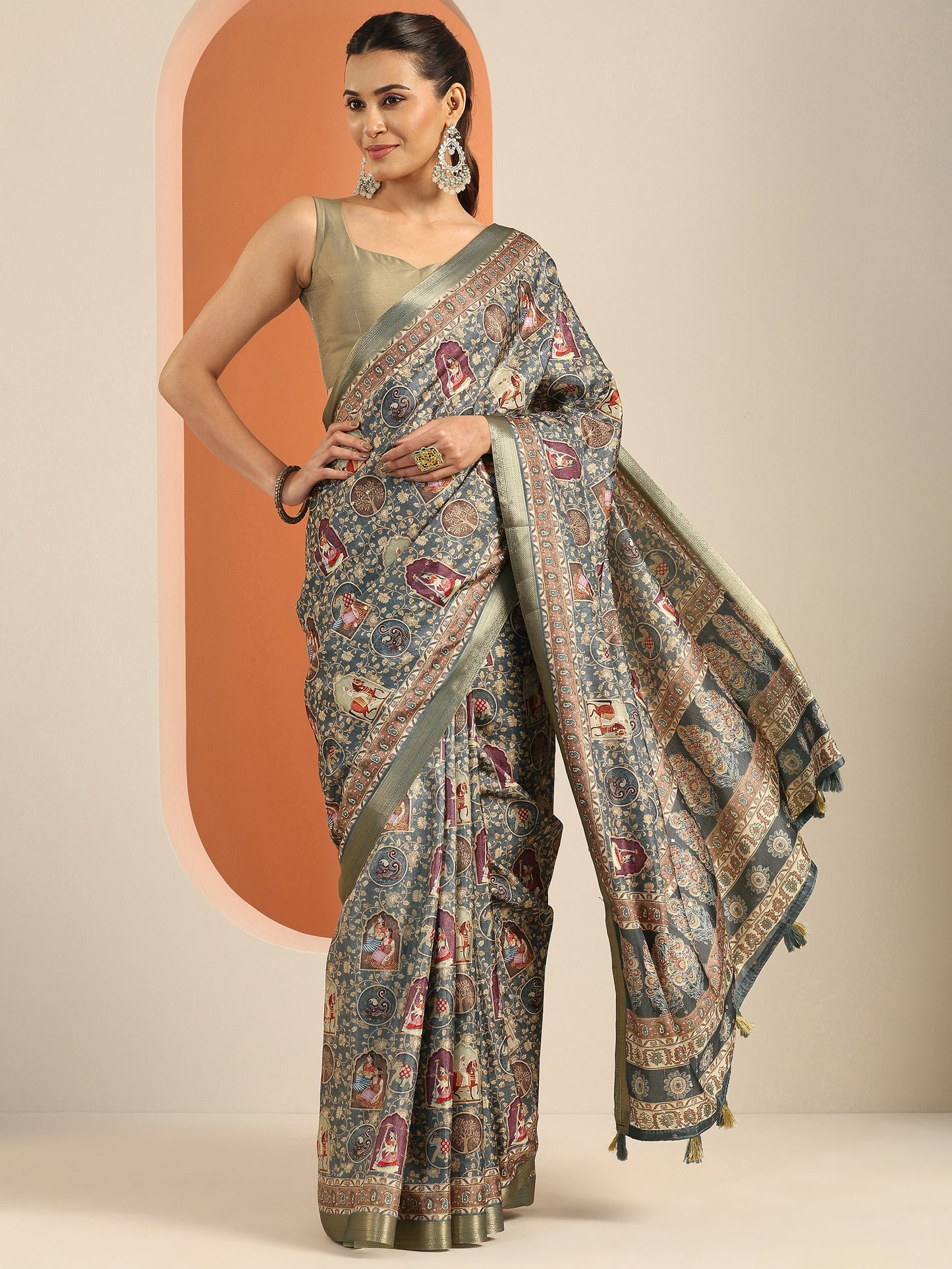 Blue Printed Silk Blend Saree With Unstitched Blouse Piece