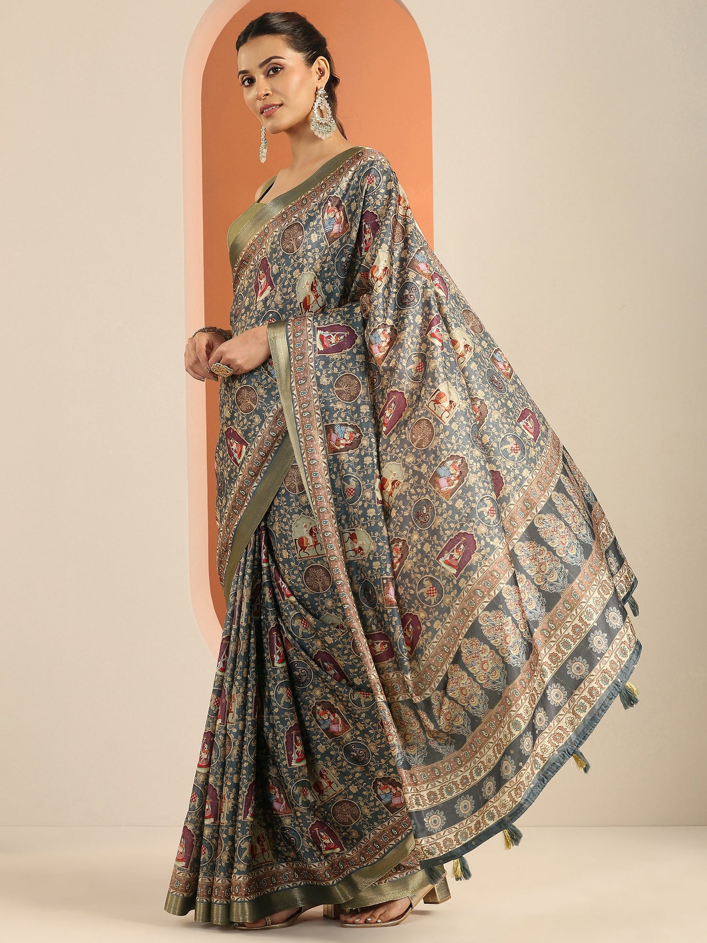 Blue Printed Silk Blend Saree With Unstitched Blouse Piece