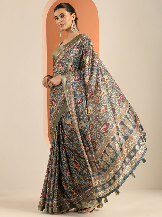 Blue Printed Silk Blend Saree With Unstitched Blouse Piece