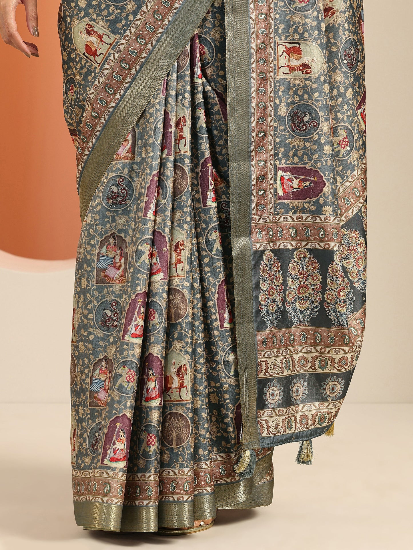 Blue Printed Silk Blend Saree With Unstitched Blouse Piece