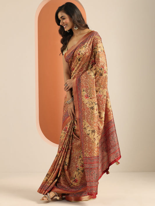 Orange Printed Silk Blend Saree With Unstitched Blouse Piece