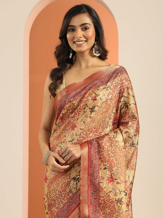 Orange Printed Silk Blend Saree With Unstitched Blouse Piece