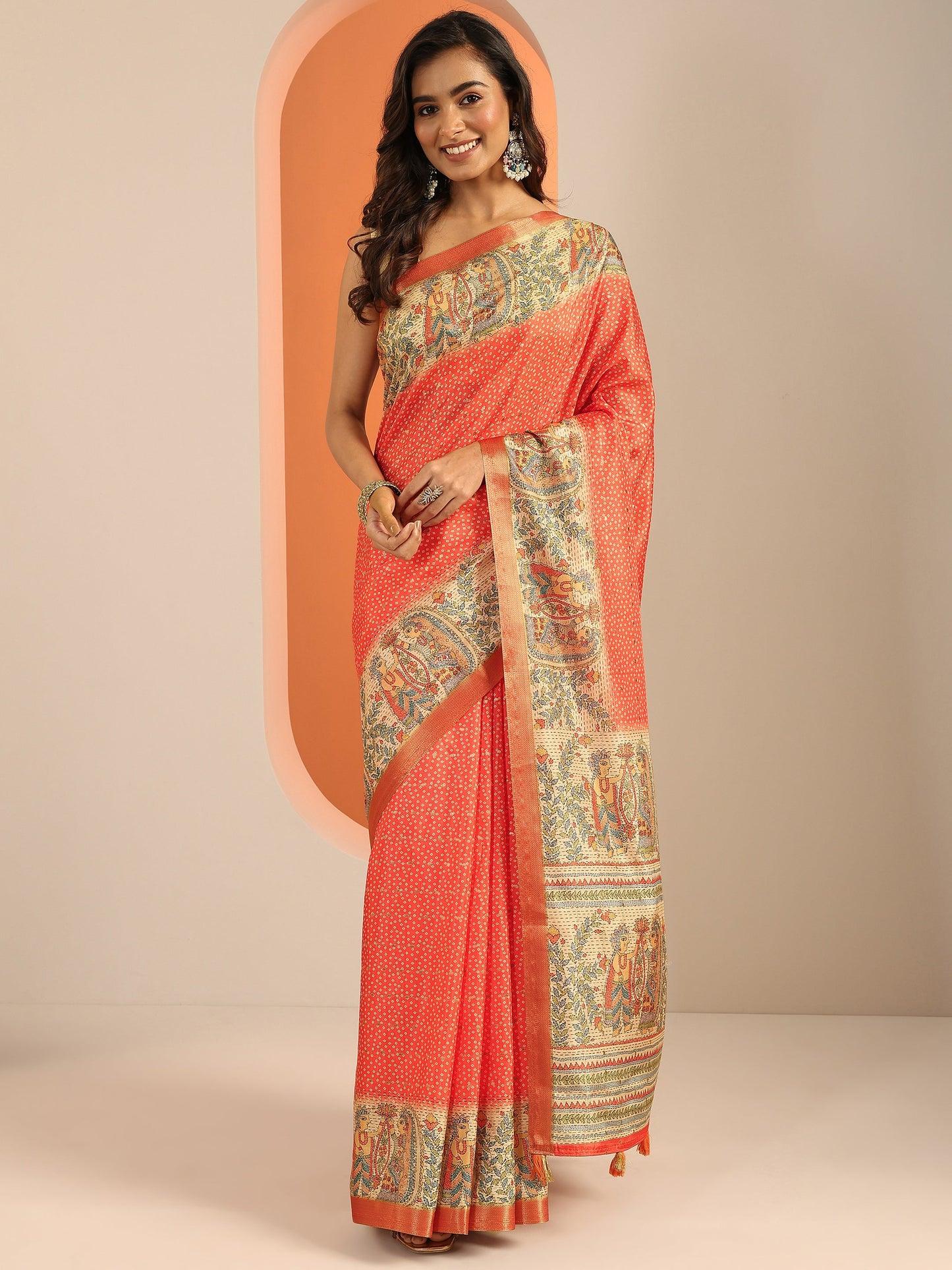 Orange Printed Silk Blend Saree With Unstitched Blouse Piece