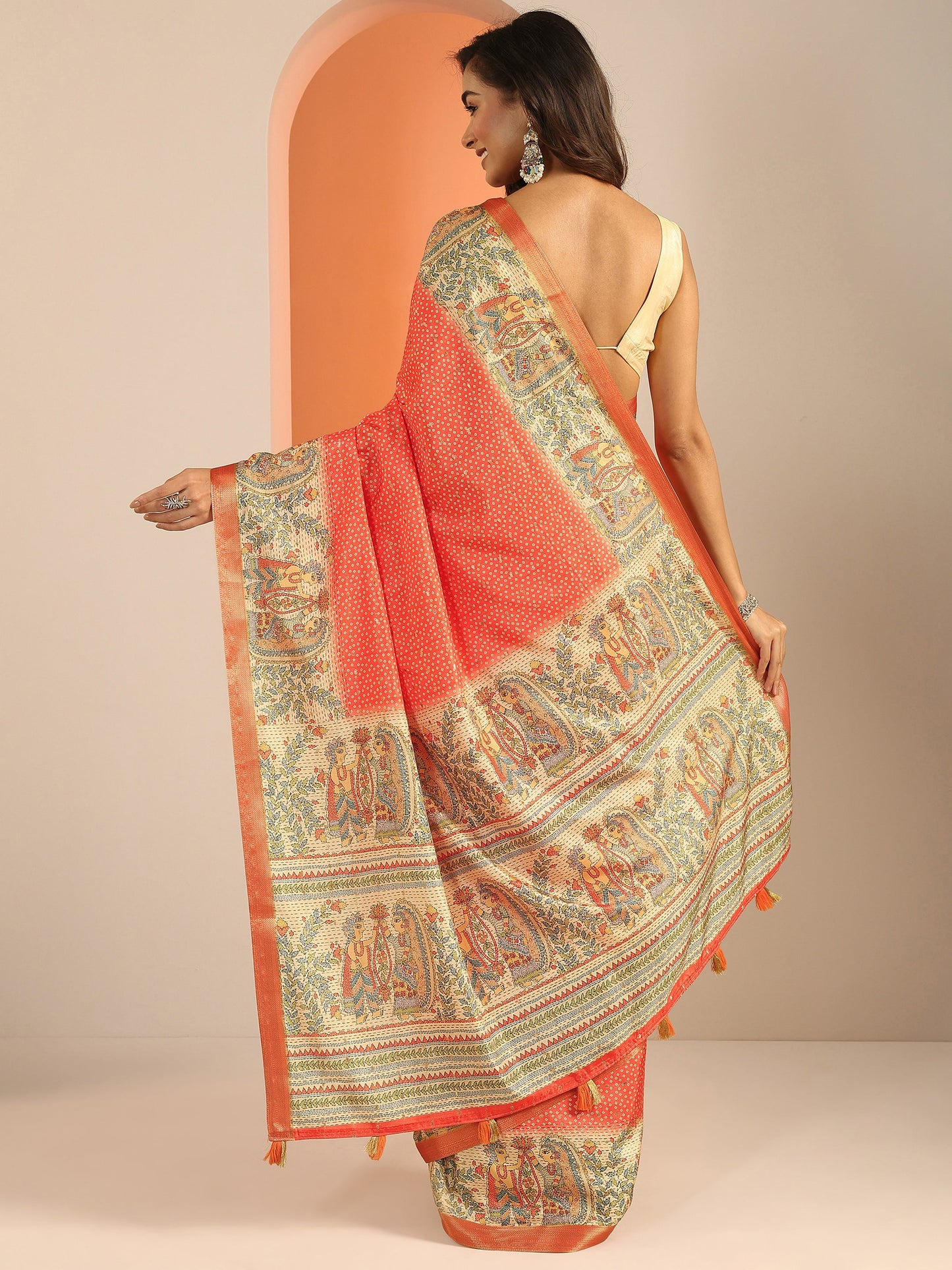 Orange Printed Silk Blend Saree With Unstitched Blouse Piece