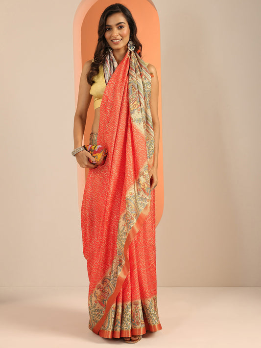 Orange Printed Silk Blend Saree With Unstitched Blouse Piece