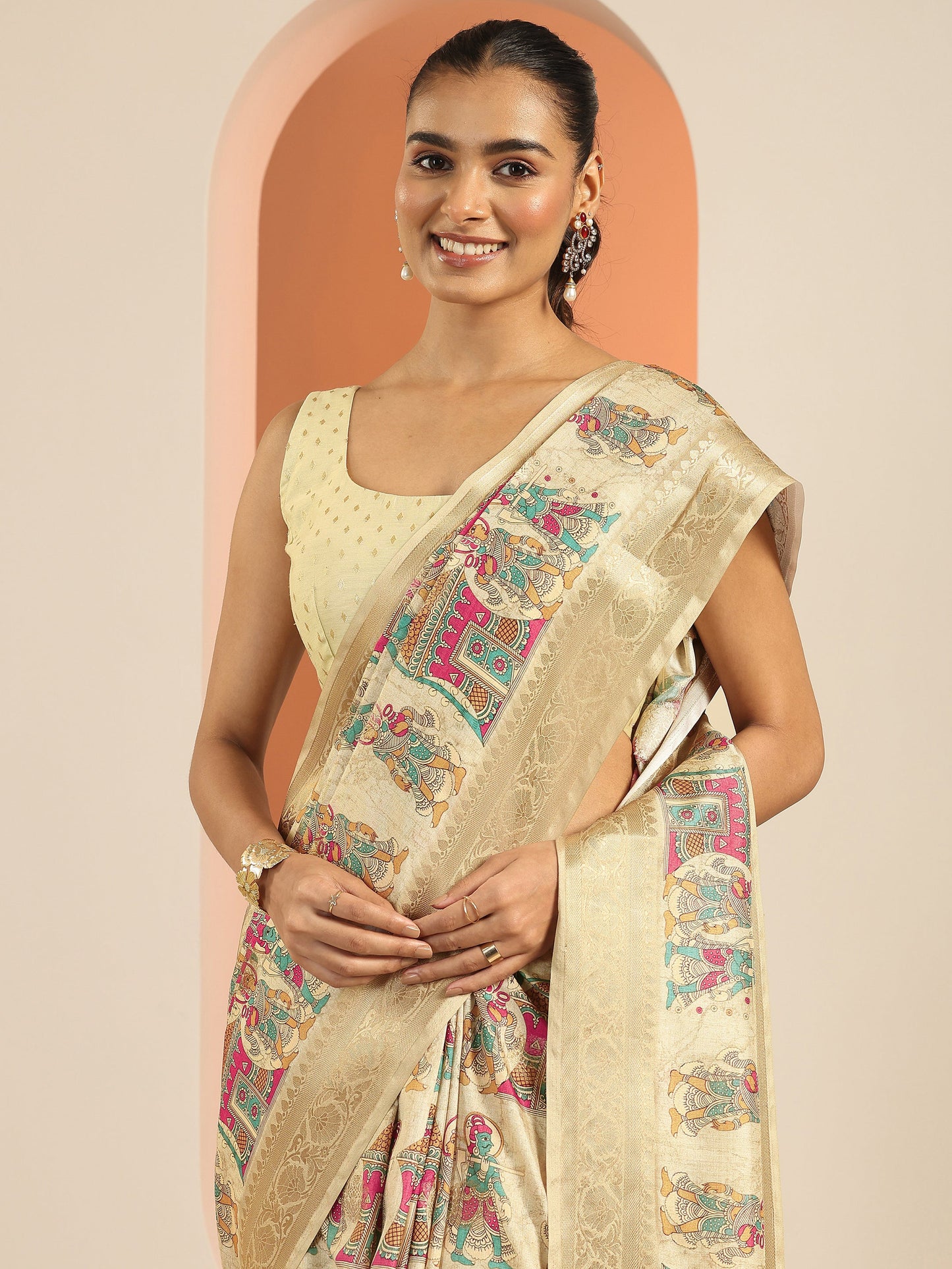 Beige Kalamkari Printed Silk Blend Saree With Unstitched Blouse Piece