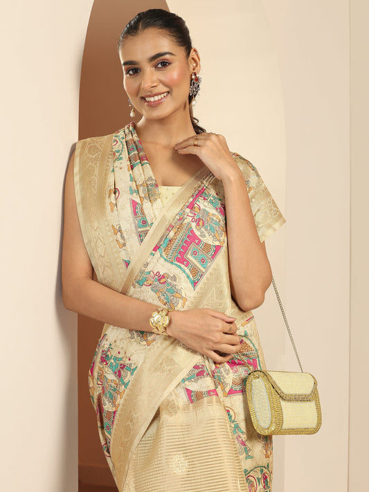 Beige Kalamkari Printed Silk Blend Saree With Unstitched Blouse Piece