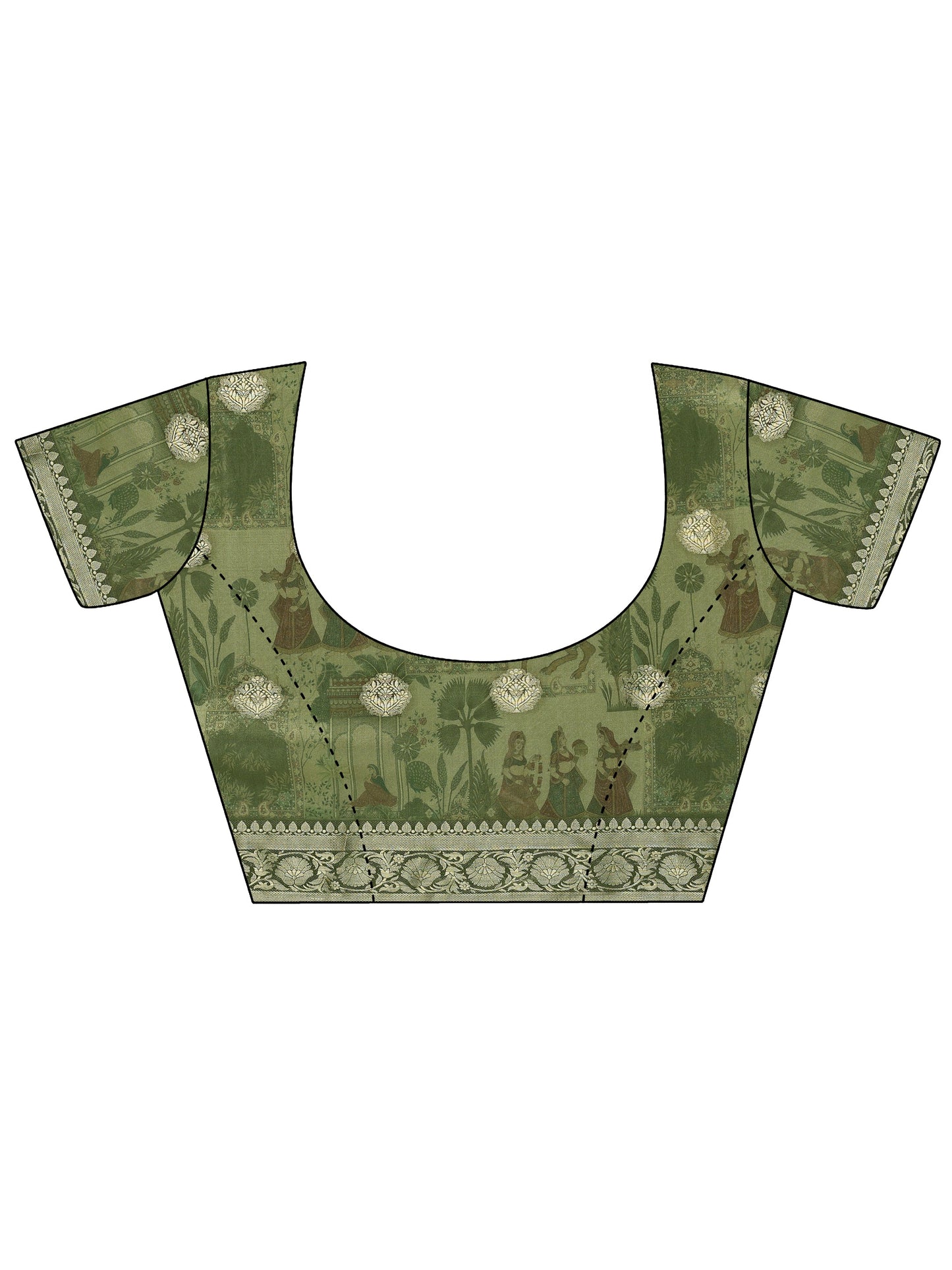 Green Printed Silk Blend Saree With Unstitched Blouse Piece