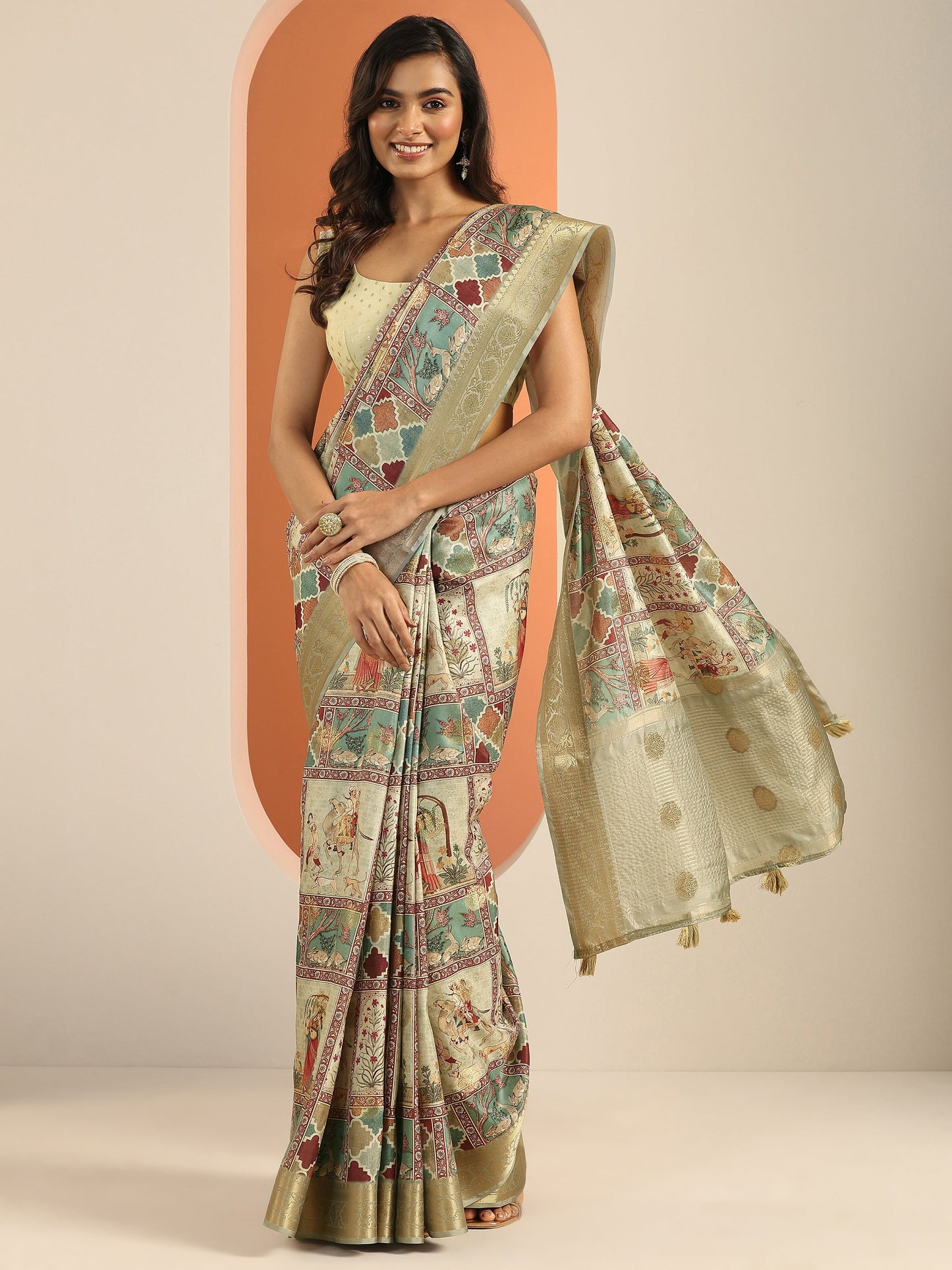 Multi Kalamkari Printed Silk Blend Saree With Unstitched Blouse Piece