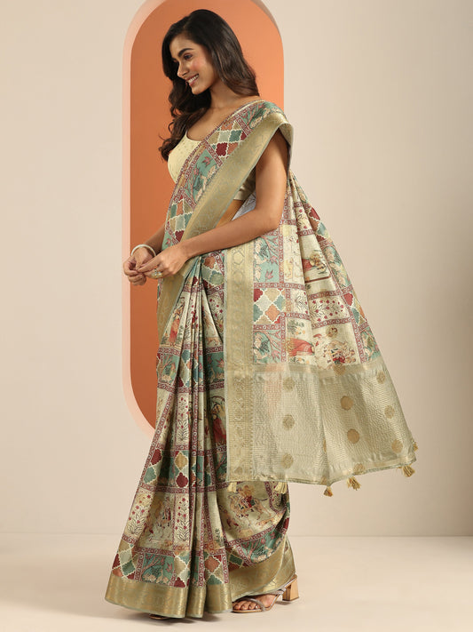 Multi Kalamkari Printed Silk Blend Saree With Unstitched Blouse Piece