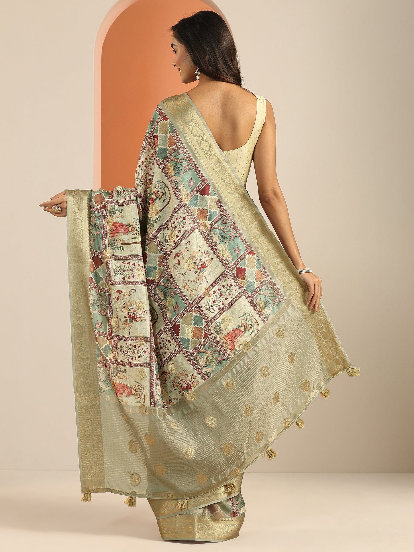 Multi Kalamkari Printed Silk Blend Saree With Unstitched Blouse Piece