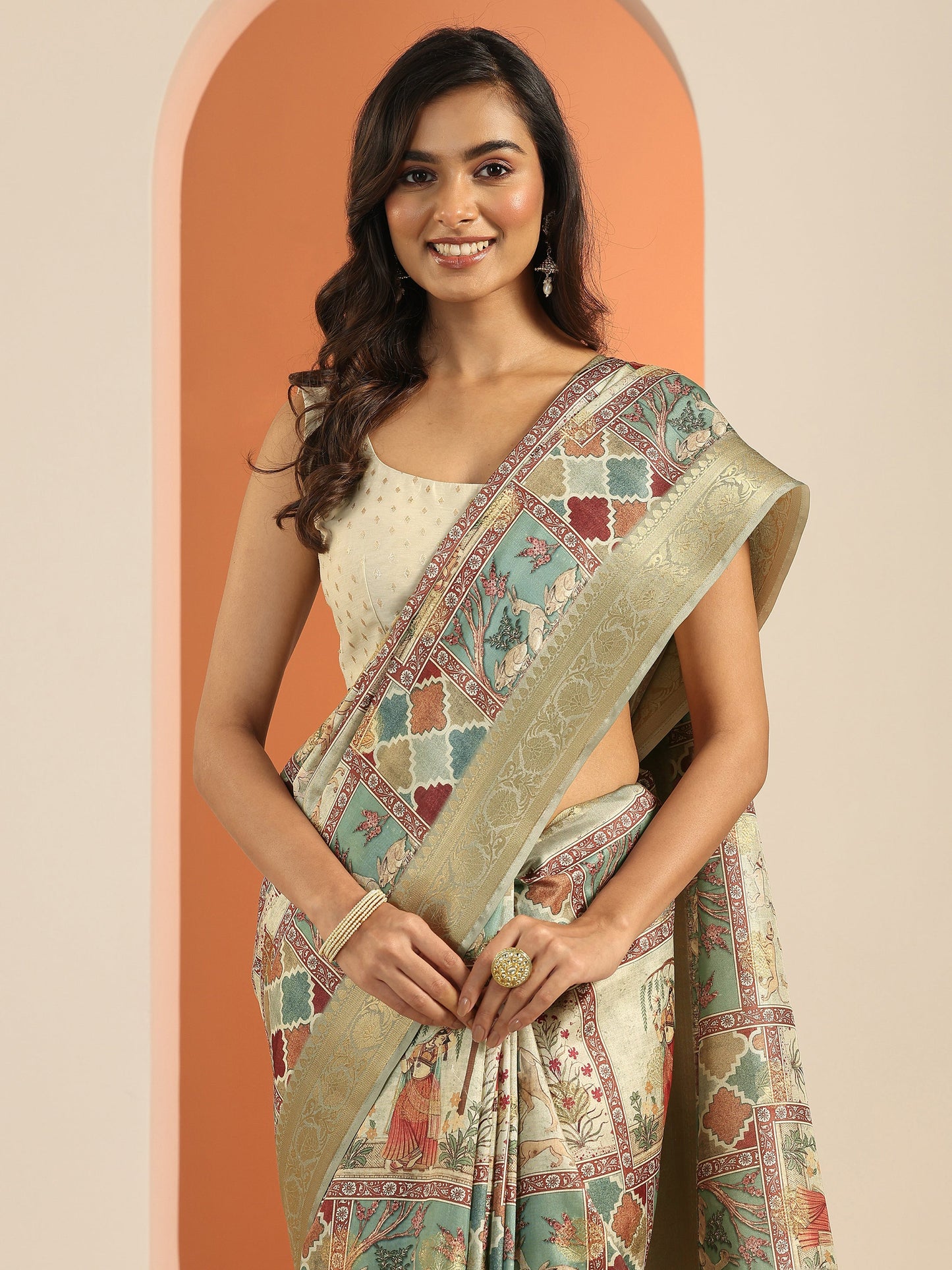 Multi Kalamkari Printed Silk Blend Saree With Unstitched Blouse Piece