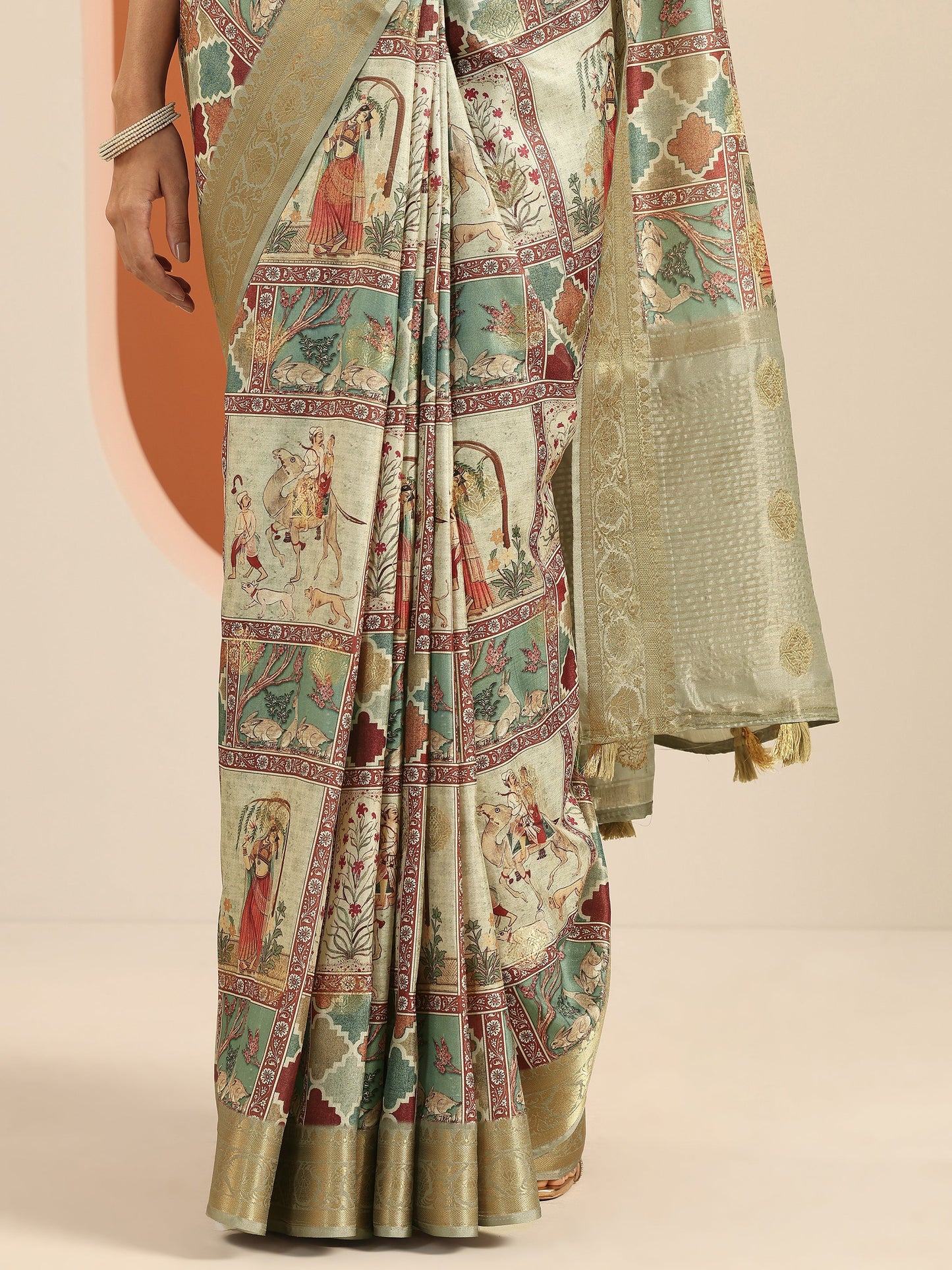 Multi Kalamkari Printed Silk Blend Saree With Unstitched Blouse Piece