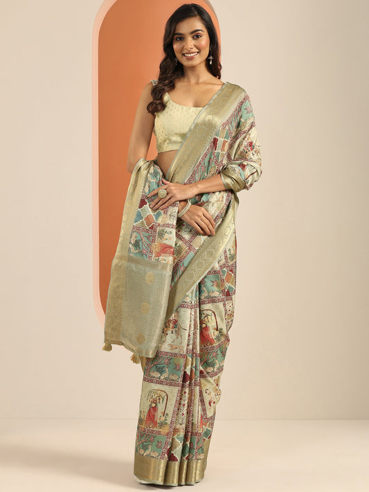 Multi Kalamkari Printed Silk Blend Saree With Unstitched Blouse Piece