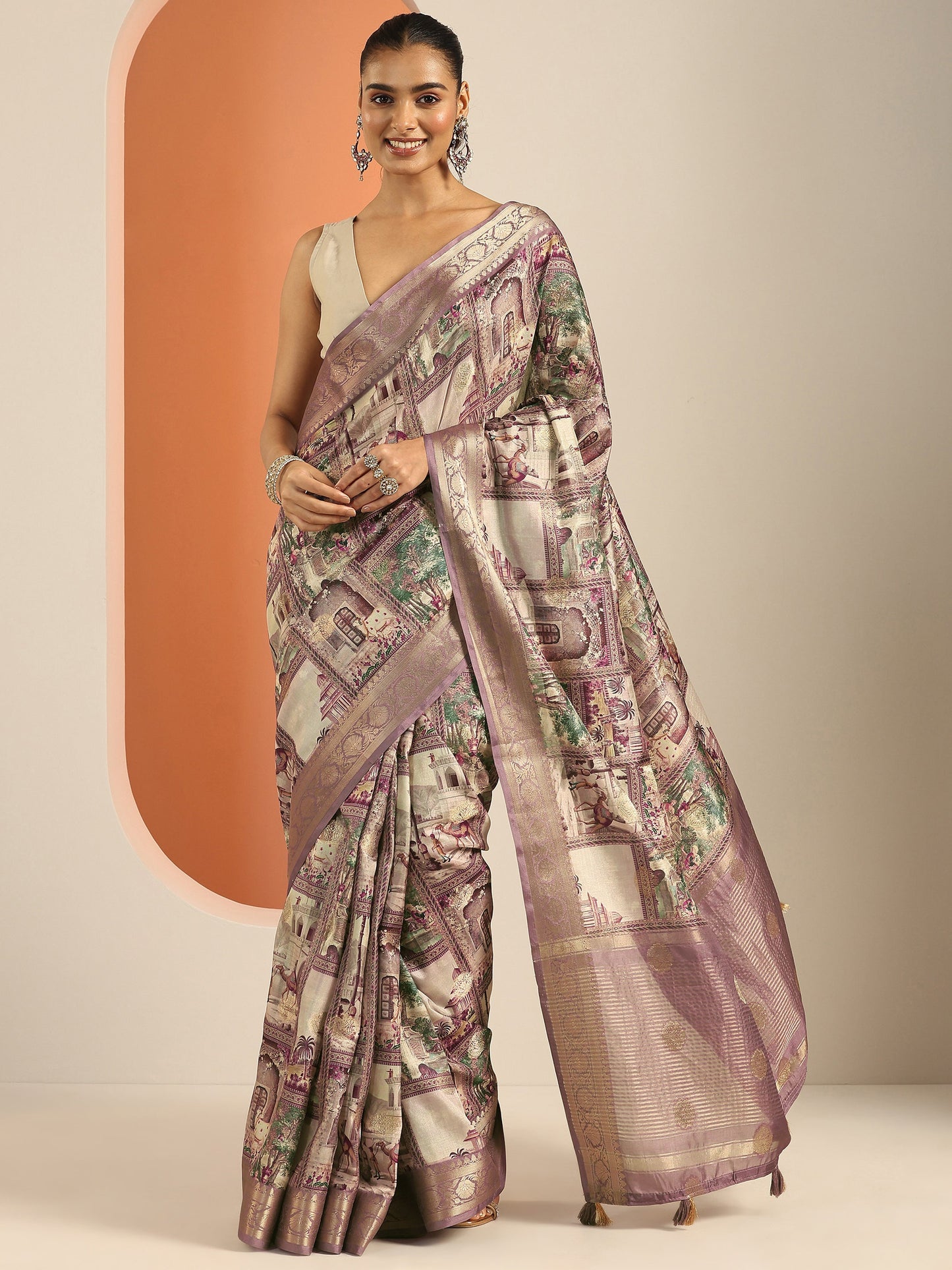 Lavender Kalamkari Printed Silk Blend Saree With Unstitched Blouse Piece