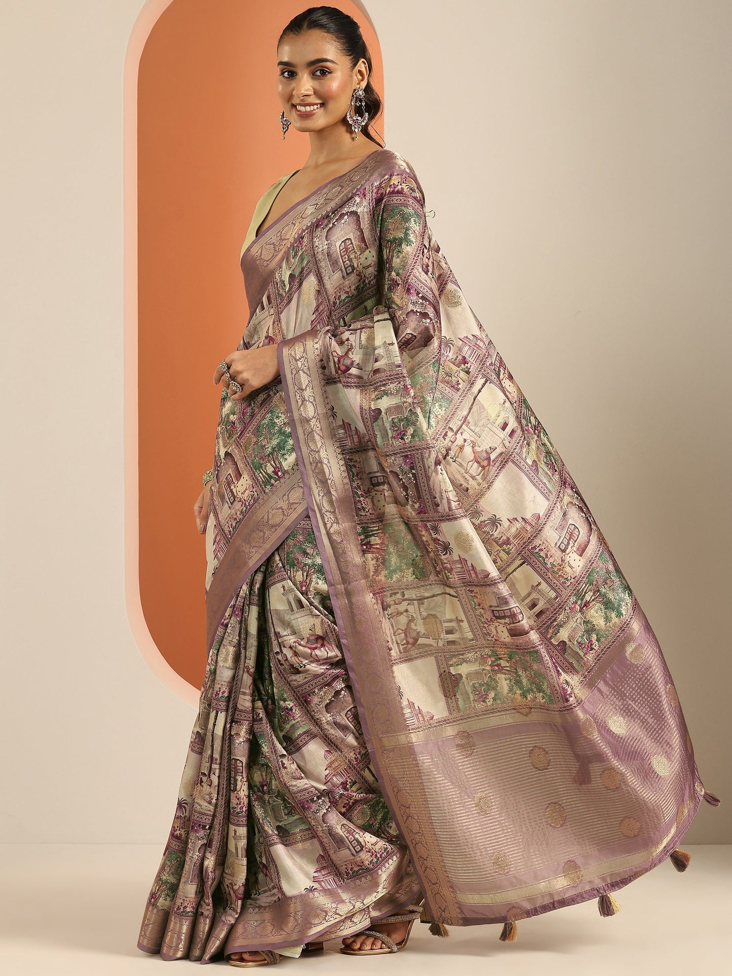 Lavender Kalamkari Printed Silk Blend Saree With Unstitched Blouse Piece