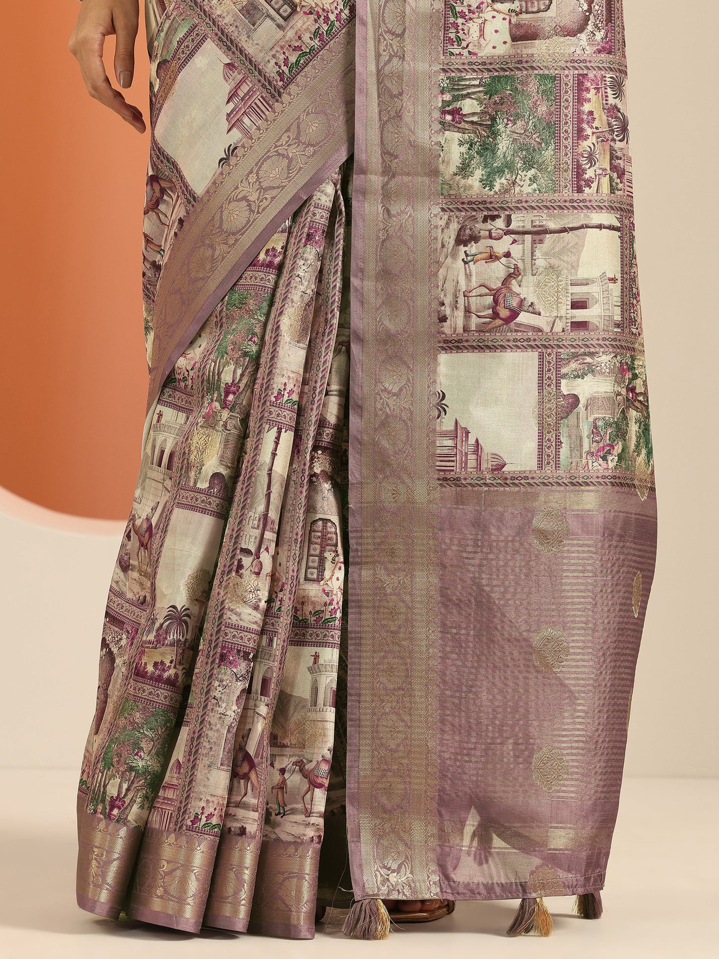 Lavender Kalamkari Printed Silk Blend Saree With Unstitched Blouse Piece