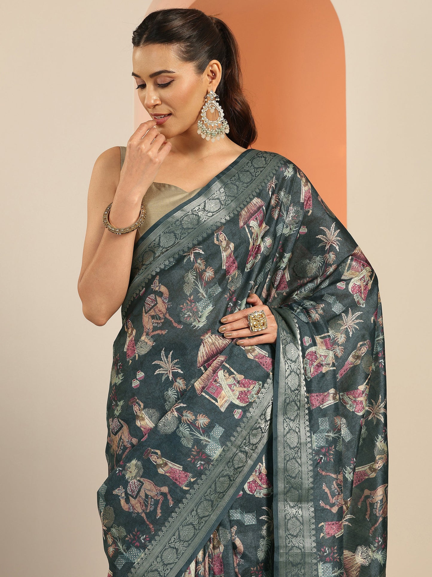 Navy Blue Kalamkari Printed Silk Blend Saree With Unstitched Blouse Piece