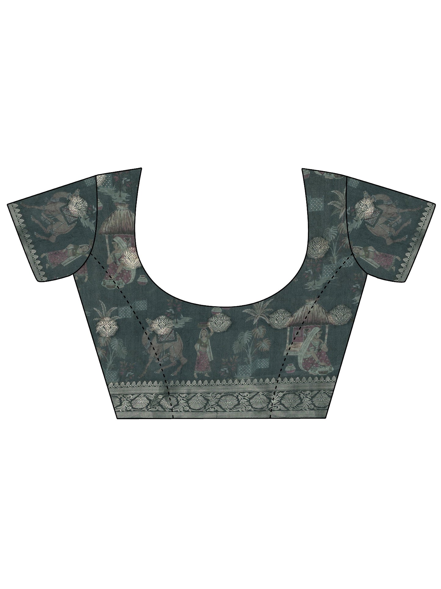 Navy Blue Kalamkari Printed Silk Blend Saree With Unstitched Blouse Piece