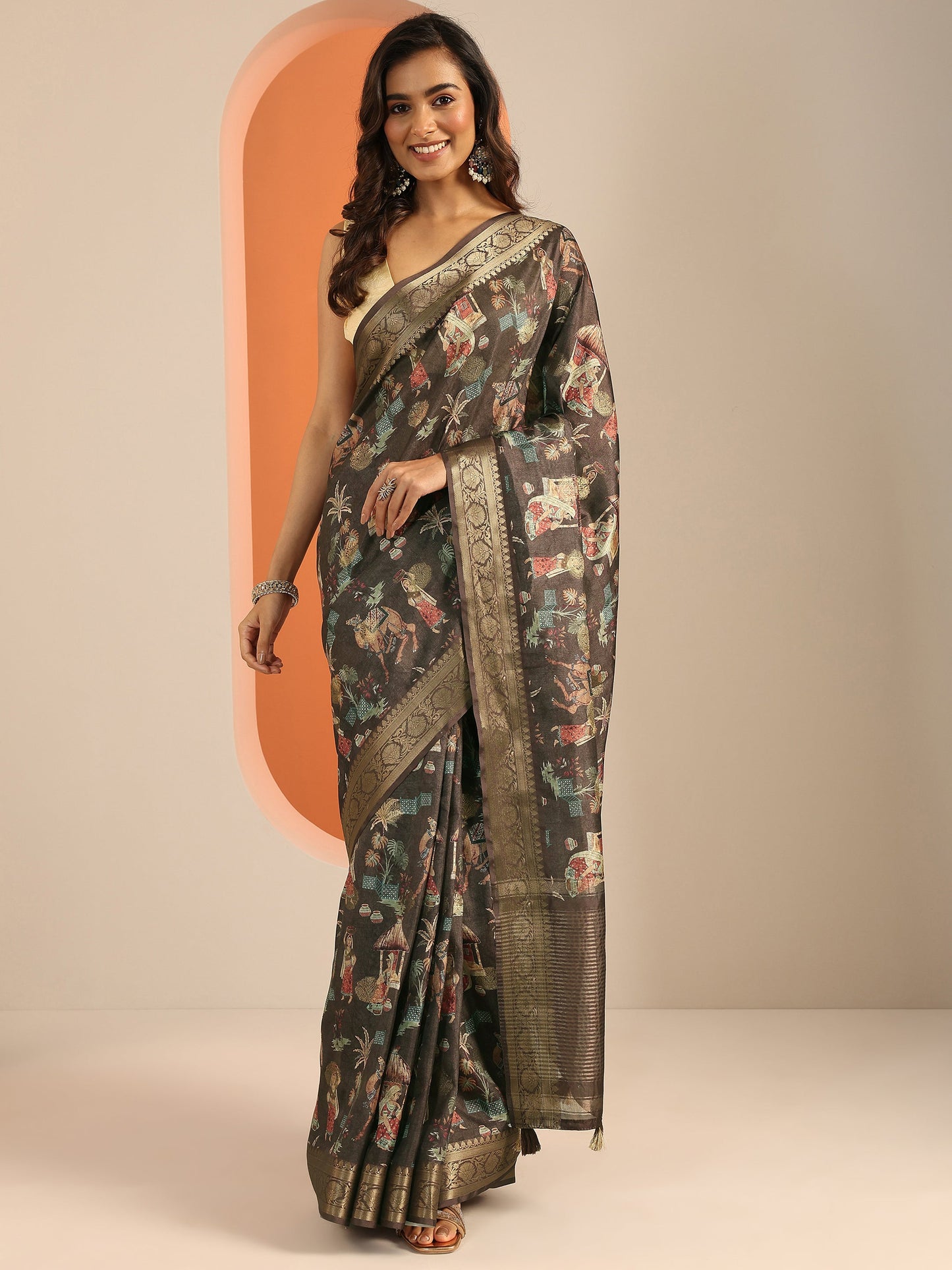 Brown Kalamkari Printed Silk Blend Saree With Unstitched Blouse Piece