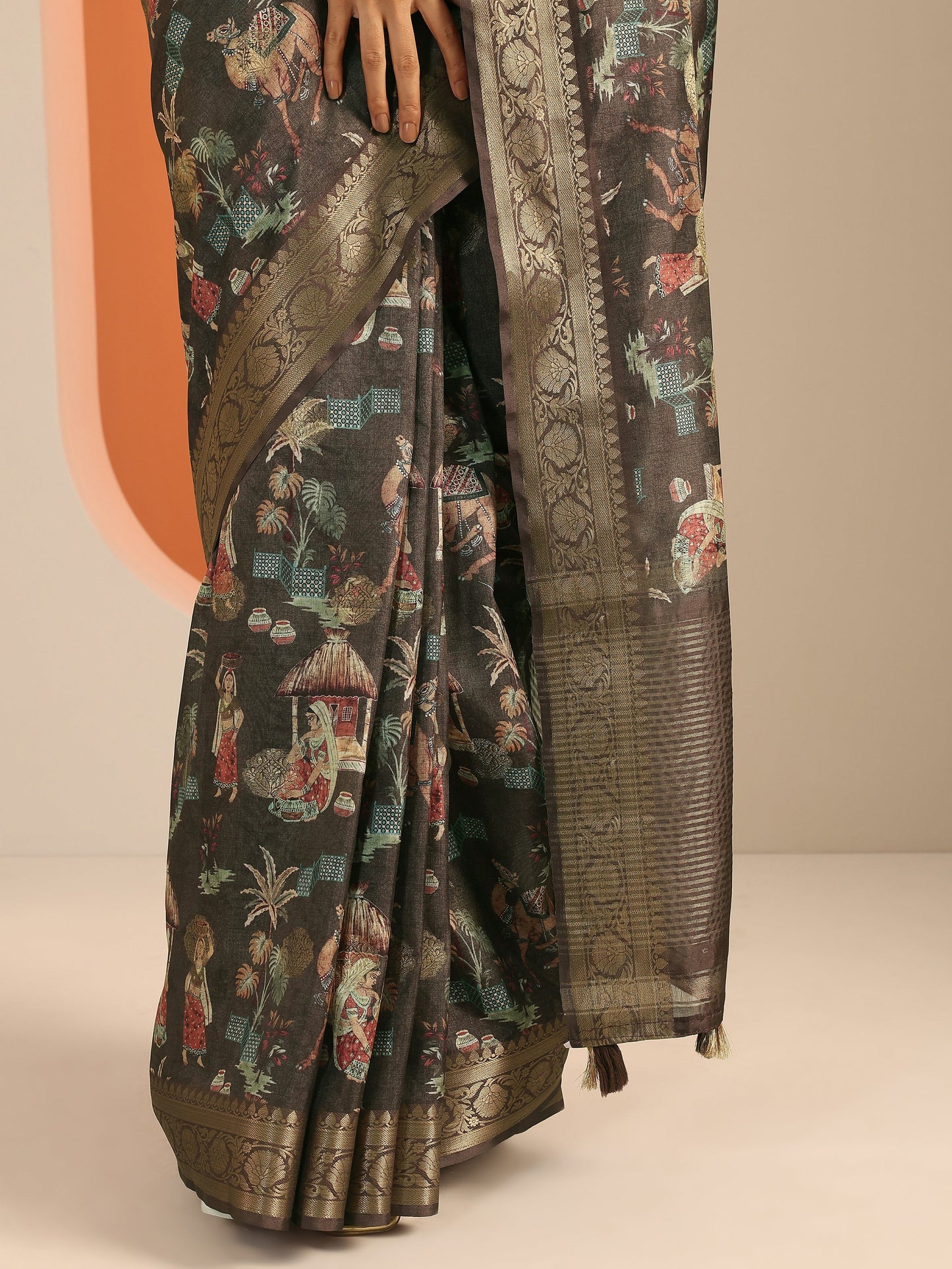 Brown Kalamkari Printed Silk Blend Saree With Unstitched Blouse Piece