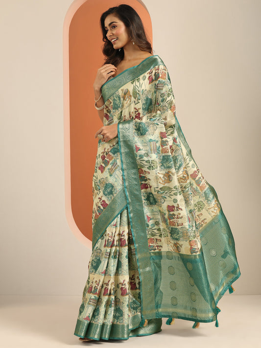 Turquoise blue Printed Silk Blend Saree With Unstitched Blouse Piece