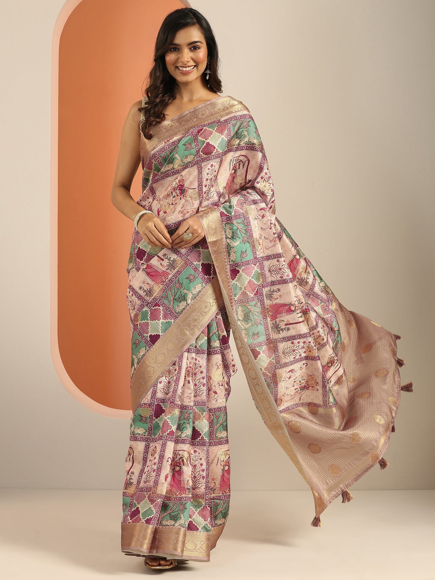 Multi Kalamkari Printed Silk Blend Saree With Unstitched Blouse Piece