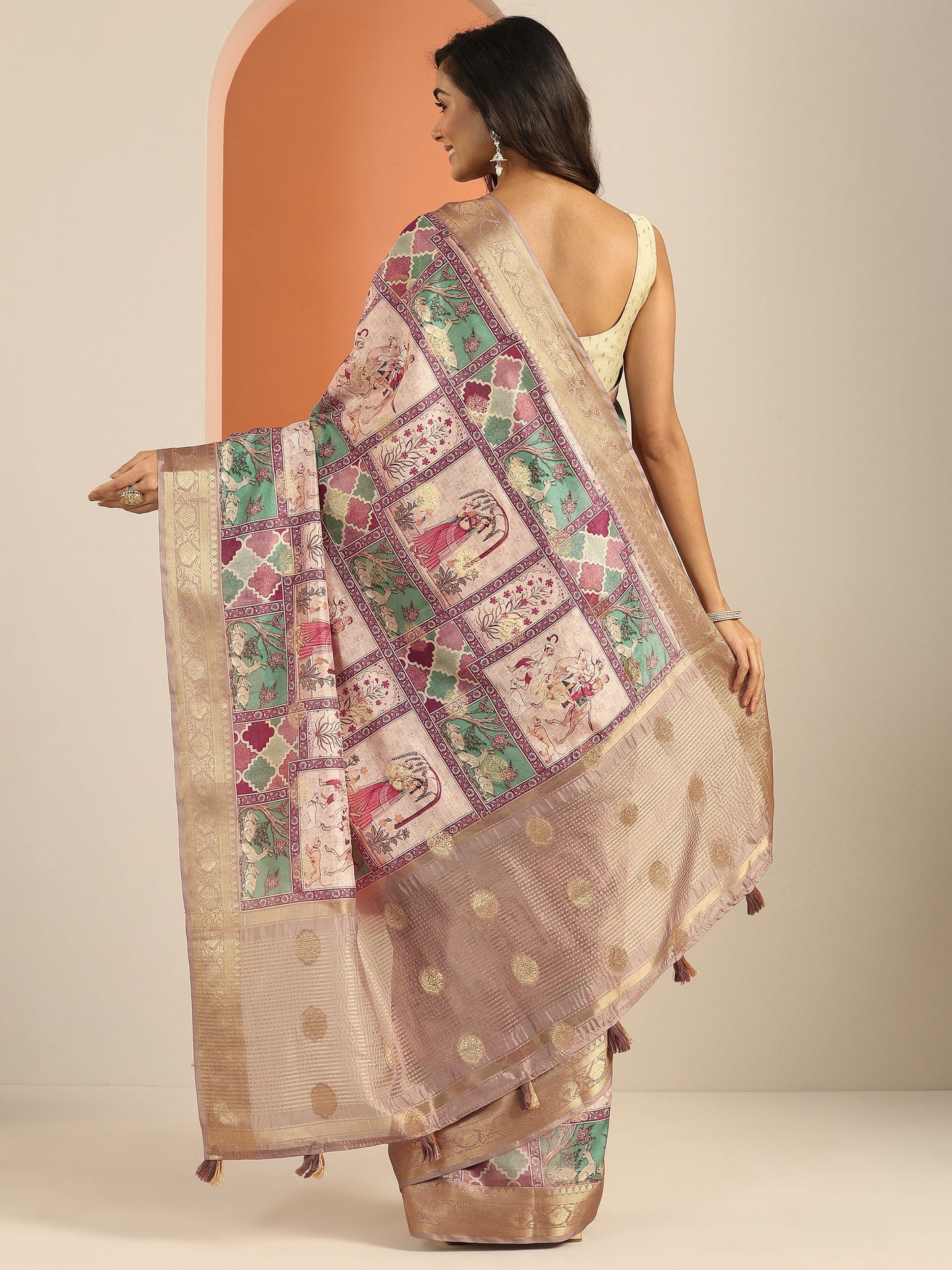 Multi Kalamkari Printed Silk Blend Saree With Unstitched Blouse Piece