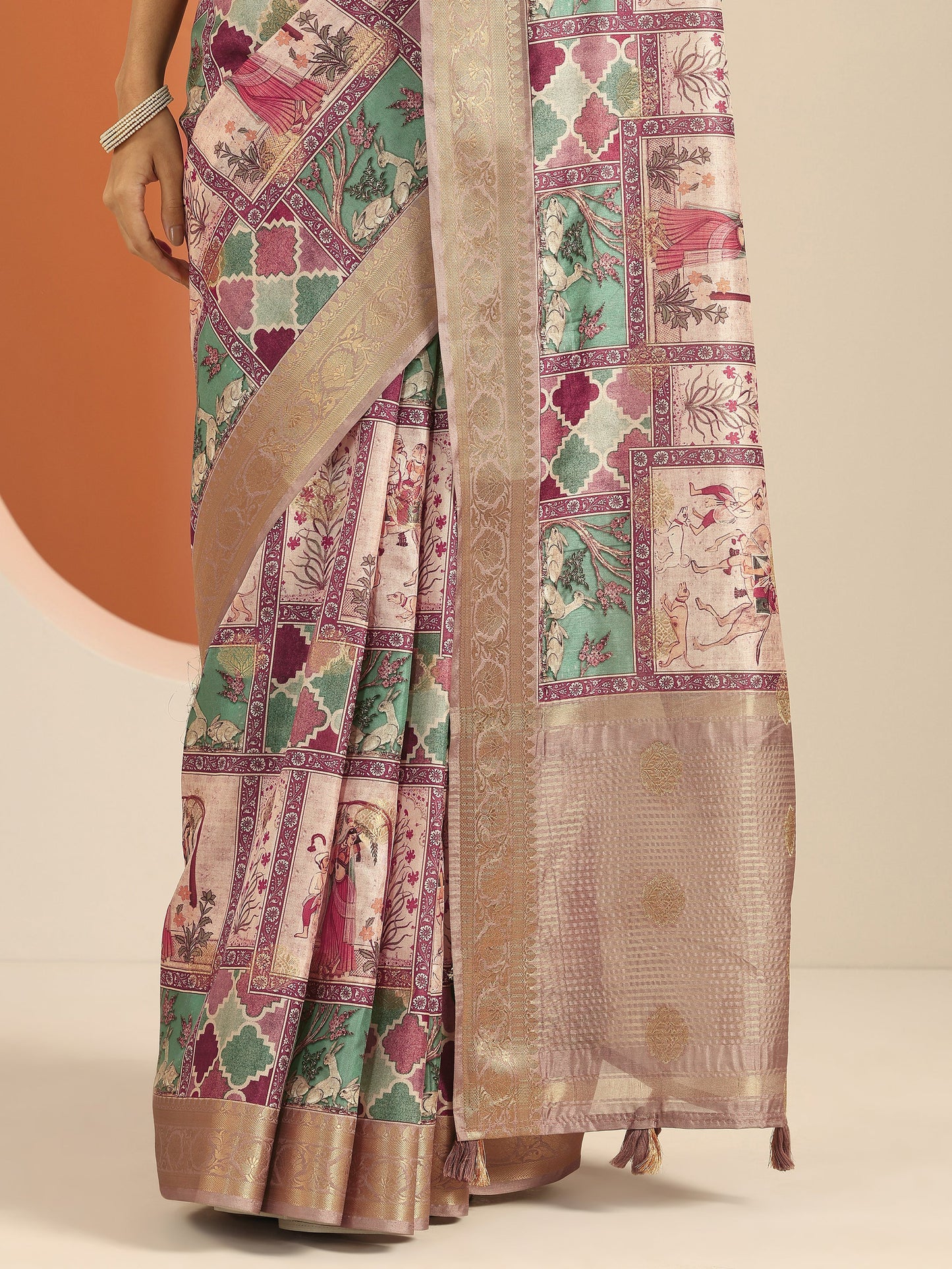 Multi Kalamkari Printed Silk Blend Saree With Unstitched Blouse Piece