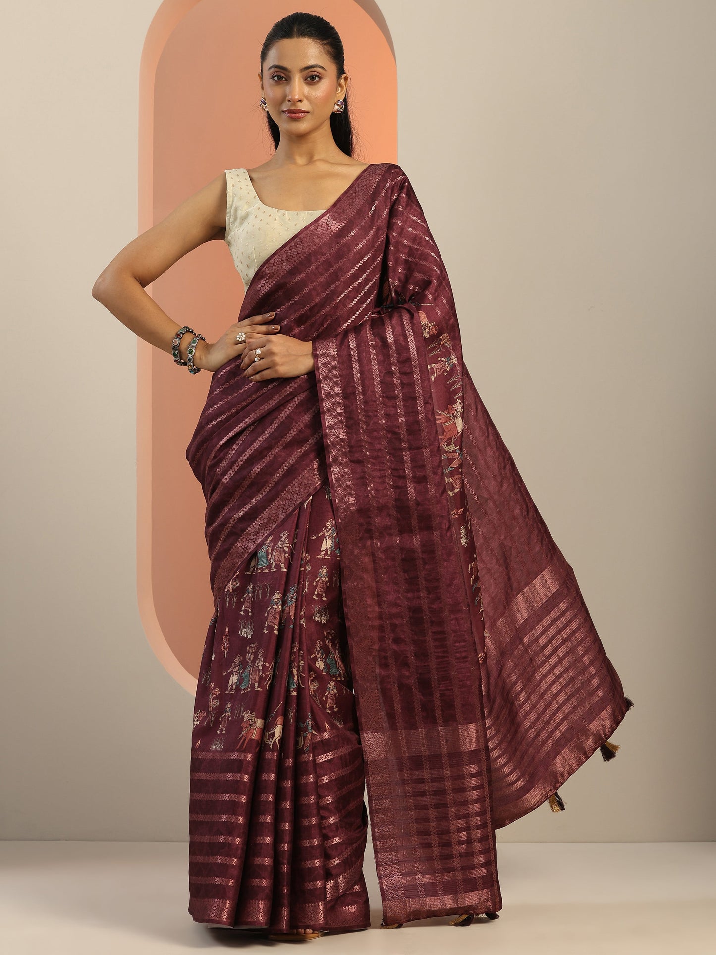 Burgundy Printed Silk Blend Saree With Unstitched Blouse Piece