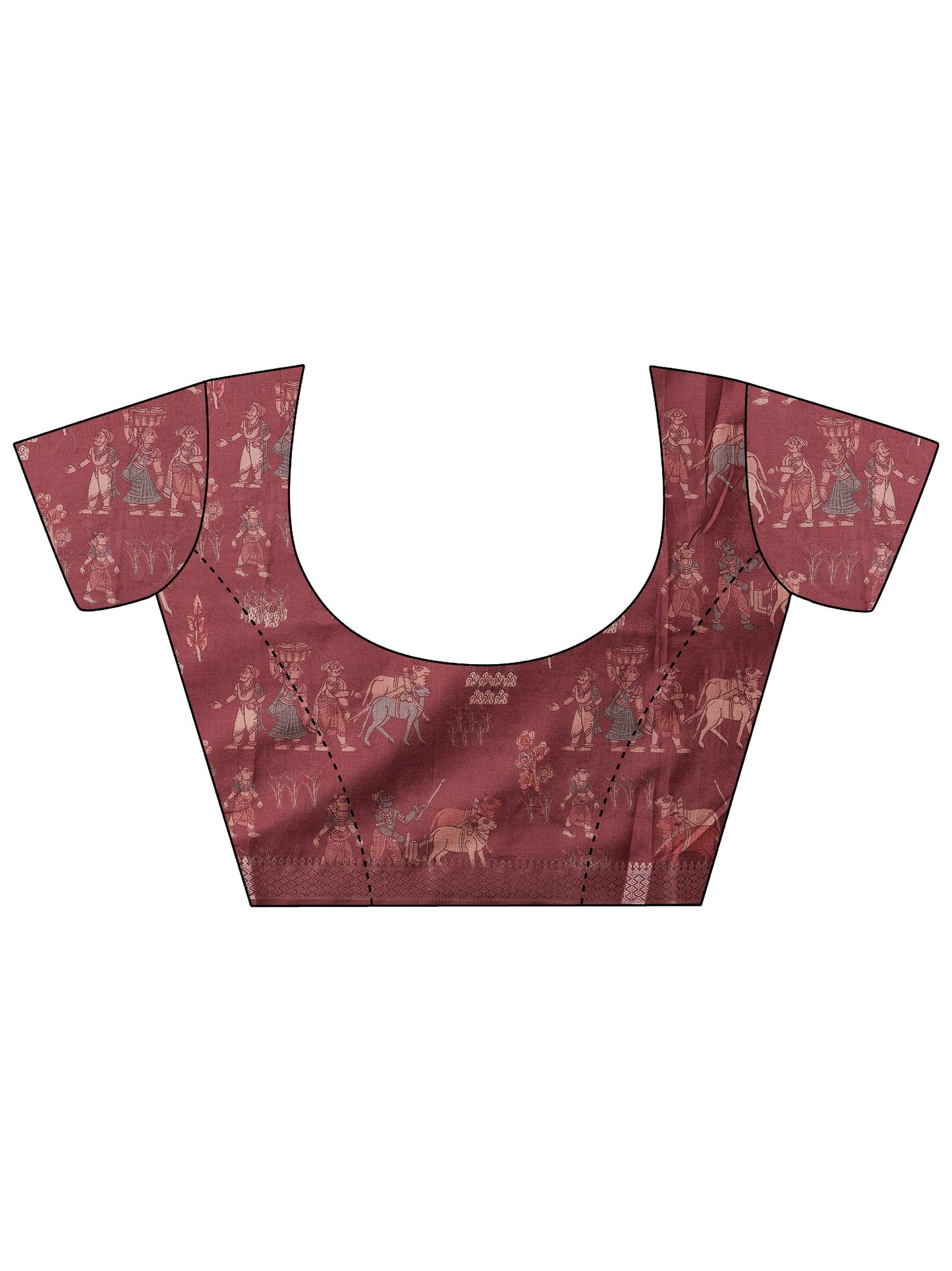 Burgundy Printed Silk Blend Saree With Unstitched Blouse Piece