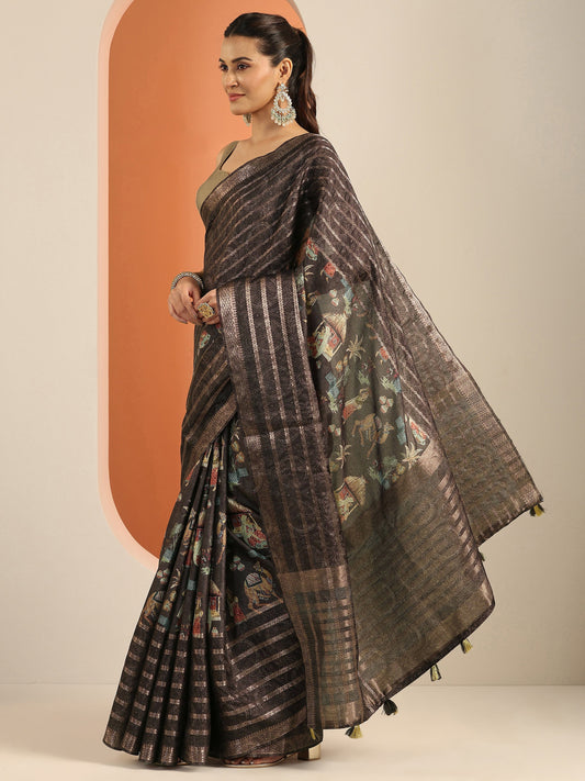 Brown Printed Silk Blend Saree With Unstitched Blouse Piece