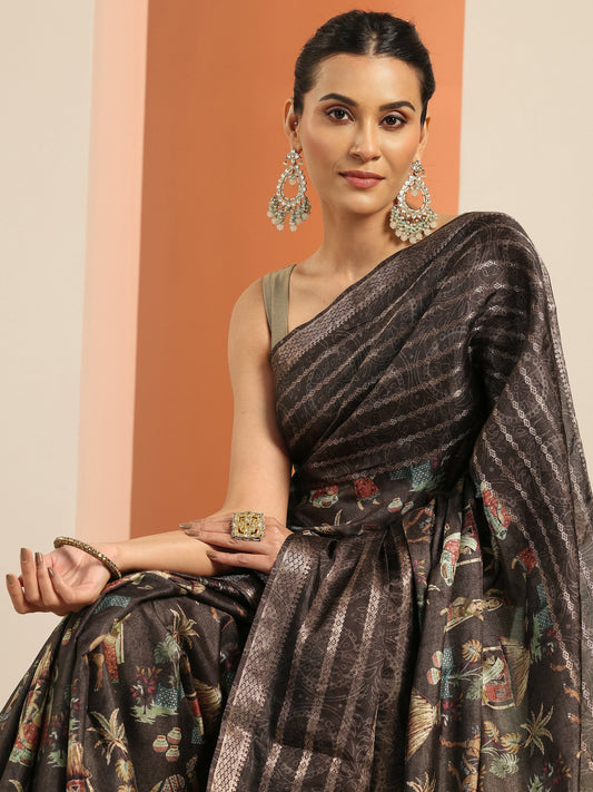 Brown Printed Silk Blend Saree With Unstitched Blouse Piece